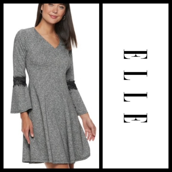 Elle Dresses & Skirts - ELLE Lace Trim Fit & Flare Gray Dress NWT